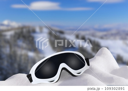 Snowboard goggles on the background of a winter forest 109302891