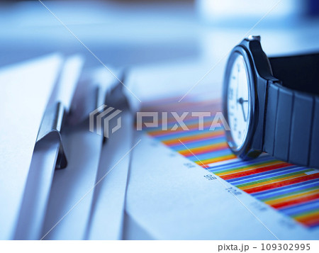 テーブルに置かれたグラフと書類と腕時計 109302995