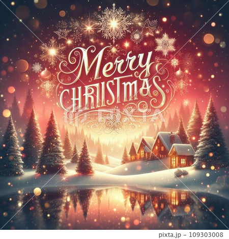 Merry Christmas and Happy New Year. Festive background with Christmas trees, houses and snowflakes. 109303008