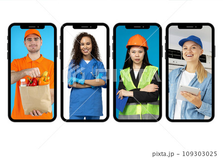 A collage of photos of various professions on the smartphone screen 109303025