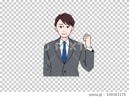 笑顔でガッツポーズをするスーツ姿の若い男性 笑顔でガッツポーズをするスーツ姿の若い男性 109303178
