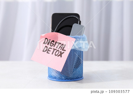 The concept of digital detoxification, a smartphone in a trash can 109303577