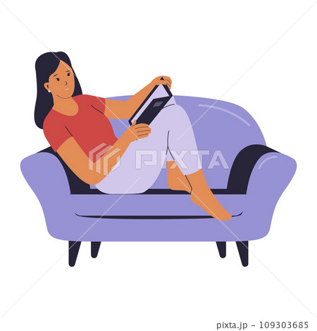 Vector character of woman reading a book on a sofa 109303685