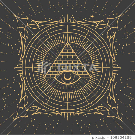 Ornamental frame with pyramid and all-seeing eye, freemason sign and tarot style esoteric patterns Ornamental frame with pyramid and all-seeing eye, freemason sign and tarot style esoteric patterns 109304189