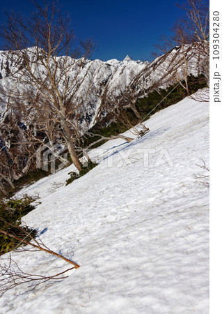 残雪の北アルプス・合戦尾根上部から見る槍ヶ岳山頂 残雪の北アルプス・合戦尾根上部から見る槍ヶ岳山頂 109304280