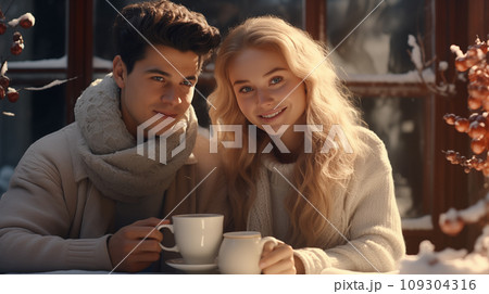 A young man and a girl are sitting outside in a cafe on a winter evening A young man and a girl are sitting outside in a cafe on a winter evening 109304316