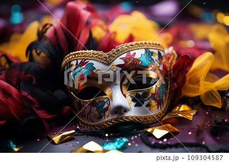 Festive purim carnival background - mask, ribbonds and confetti Festive purim carnival background - mask, ribbonds and confetti 109304587