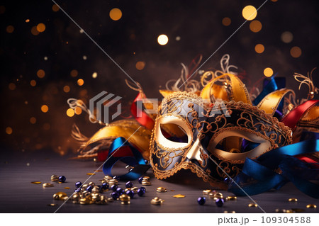 Festive purim carnival background - mask, ribbonds and confetti Festive purim carnival background - mask, ribbonds and confetti 109304588