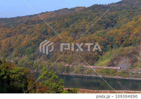高梁川の紅葉と伯備線特急やくも号(381系電車:岡山⇔出雲市) 高梁川の紅葉と伯備線特急やくも号(381系電車:岡山⇔出雲市) 109304890