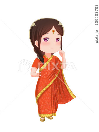 インド民族衣装のサリーを着た女の子のイラスト素材 インド民族衣装のサリーを着た女の子のイラスト素材 109305705