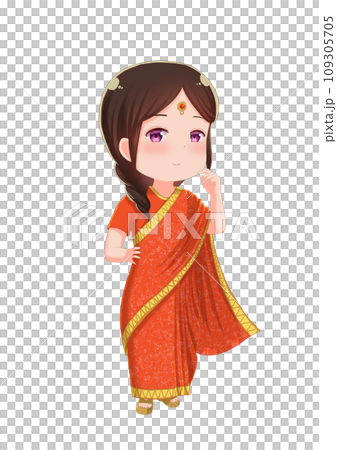 インド民族衣装のサリーを着た女の子のイラスト素材 インド民族衣装のサリーを着た女の子のイラスト素材 109305705