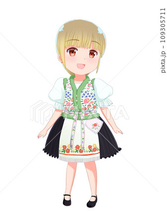 ハンガリーの民族衣装を着た女の子のイラスト素材 109305711