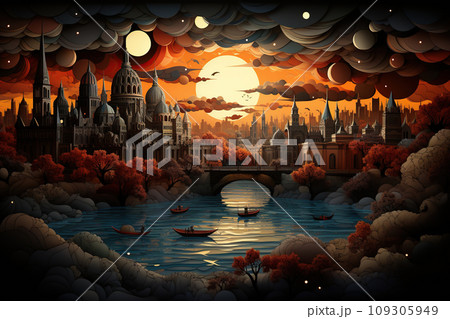 Fantasy landscape with the castle in the moonlight. Generative AI 109305949