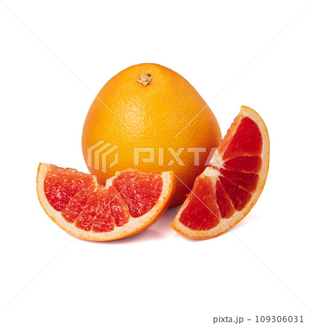 Pink ripe grapefruit slice on white isolated background Pink ripe grapefruit slice on white isolated background 109306031