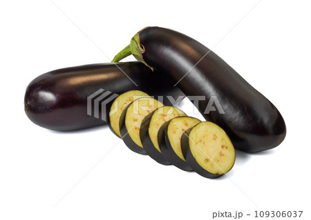 Fresh eggplants isolated on white background with clipping path Fresh eggplants isolated on white background with clipping path 109306037