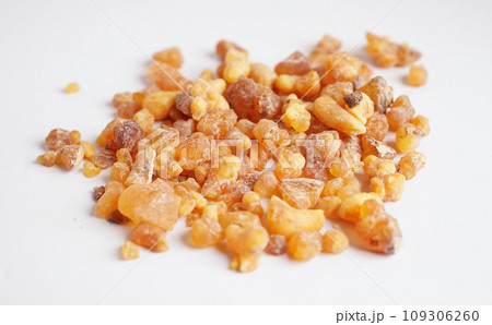 Frankincense or olibanum aromatic resin isolated on white background used in incense and perfumes. 109306260