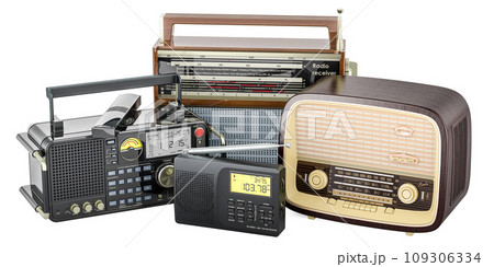 Vintage radio and modern digital radio receiver. Evolution of radio, concept. 3D rendering Vintage radio and modern digital radio receiver. Evolution of radio, concept. 3D rendering 109306334