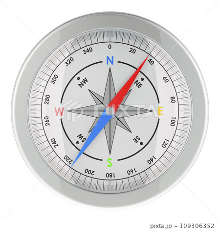 Metallic Magnetic Compass, front view. 3d rendering 109306352