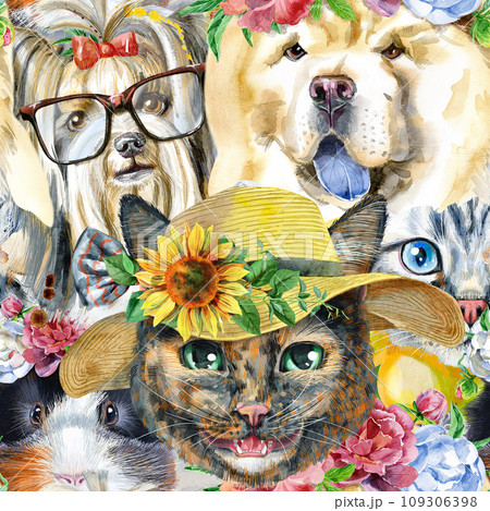 Seamless pattern of of dog, guinea pig, cat, mini pig and rat. Watercolor pets illustration. Watercolor hand drawn illustration Seamless pattern of of dog, guinea pig, cat, mini pig and rat. Watercolor pets illustration. Watercolor hand drawn illustration 109306398