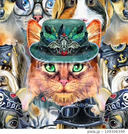 Seamless pattern of of dog, guinea pig, cat, mini pig and rat. Watercolor pets illustration. Watercolor hand drawn illustration 109306399