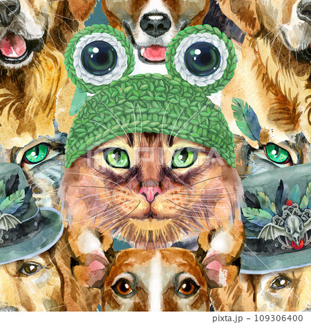 Seamless pattern of of dog, guinea pig, cat, mini pig and rat. Watercolor pets illustration. Watercolor hand drawn illustration 109306400