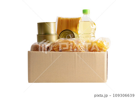 Foodstuffs in donation box for volunteer to help people. Foodstuffs in donation box for volunteer to help people. 109306639