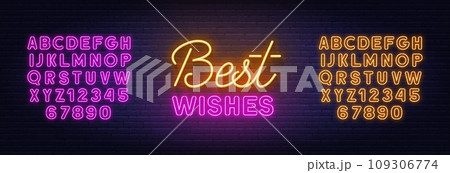 Best Wishes neon lettering on brick wall background. 109306774