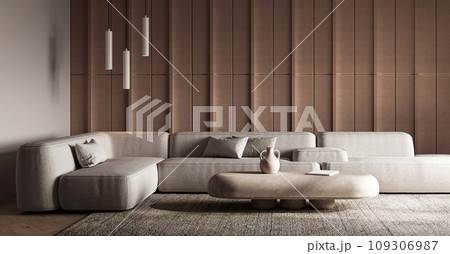 Modern textured living room with sleek sectional and pendant lights 3d render Modern textured living room with sleek sectional and pendant lights 3d render 109306987