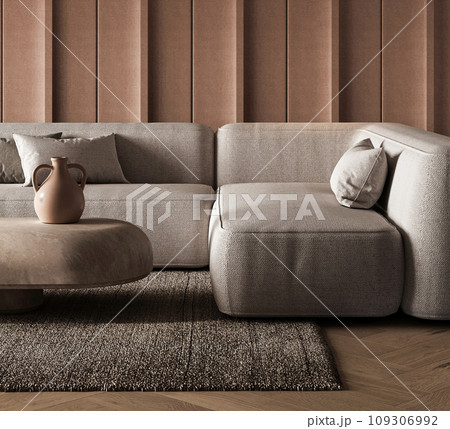 Textured living room detail with neutral upholstery and modern design 3d render 109306992