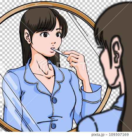 A young woman in pajamas stands in front of the sink and brushes her teeth 109307169