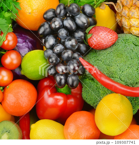 bright background from various vegetables and fruits. 109307741