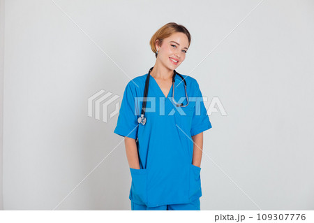 Beautiful female doctor with stethoscope in medical hospital 109307776