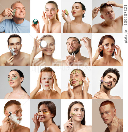 Diverse beauty mosaic. Captivating collage featuring individuals of various ages and genders engaged in rejuvenating beauty treatments against serene background. 109307821