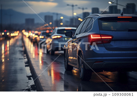 Car rush hours city street on the rainy morning 109308061
