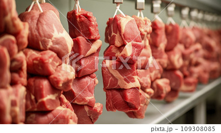 Fresh meat chunks hanging in a row in a large fridge Fresh meat chunks hanging in a row in a large fridge 109308085