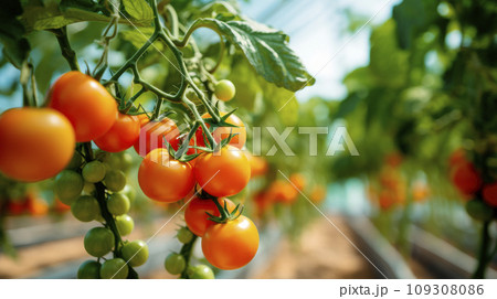 Growing tomatoes in a large greenhouse 109308086