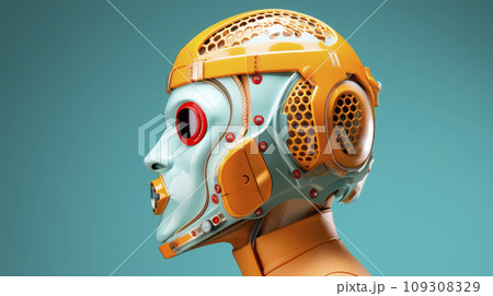 Colorful cyborg or robot isolated on blue background, copy space for text 109308329