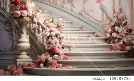 Stairs adorned with a pink and red roses 109308756