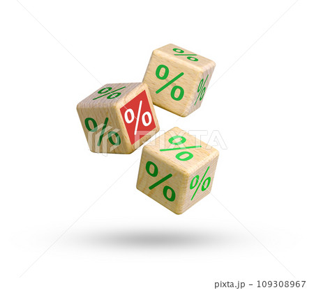 Wooden blocks with percentage sign flying over white background. Wooden blocks with percentage sign flying over white background. 109308967