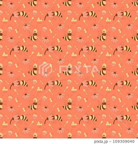 Seamless pattern with cute cheeky bees characters on a pink background. Flat color vector illustration. 109309040