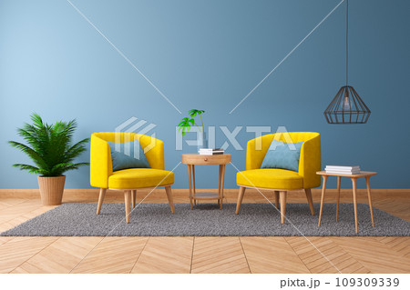 Vintage interior of living room,,Blueprint home decor concept ,two armchairs with wood table on blue wall and Hardwood Flooring ,3d render Vintage interior of living room,,Blueprint home decor concept ,two armchairs with wood table on blue wall and Hardwood Flooring ,3d render 109309339