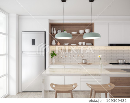 Modern mid century  kichen room interior concept design,cozy home ,3d render 109309422