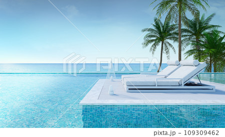 Relaxing summe,beach lounge, Sunbathing deck and private swimming pool with Palm trees near beach and panoramic sea view at luxury house /3d rendering 109309462