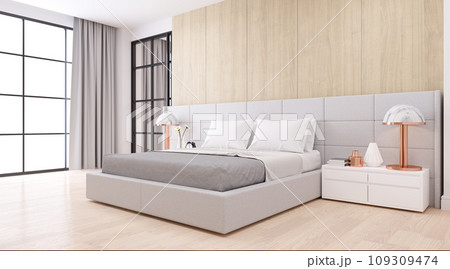 Bedroom interior dssign with Modern minimalist style.,Cozy white room and Simple Comforts, white bed on  natural wood, 3d rendering 109309474