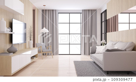 Modern and minimalist interior of living room, ,Cozy room and Simple Comforts,Modern furniture on natural wood wall and floor,3d render Modern and minimalist interior of living room, ,Cozy room and Simple Comforts,Modern furniture on natural wood wall and floor,3d render 109309477