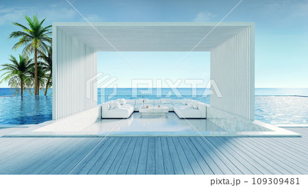 Relaxing summer beach , Sunbathing deck and private swimming pool with Palm trees near beach and panoramic sea view at luxury house /3d rendering 109309481