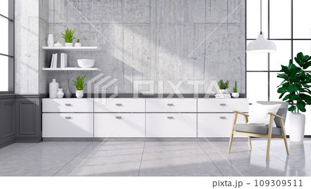 Loft and vintage interior of living room,wood easy armchair with white cabinet on concrete wall and polished tile cement floor,3d rendering Loft and vintage interior of living room,wood easy armchair with white cabinet on concrete wall and polished tile cement floor,3d rendering 109309511