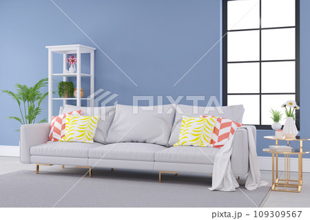 Minimalist Pastel color and modern room interior design,light gray sofa with blue wall and l White Shelves,summer concept,3d render Minimalist Pastel color and modern room interior design,light gray sofa with blue wall and l White Shelves,summer concept,3d render 109309567
