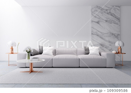 Modern luxury white  living room interior design, white sofa with marble wall ang rose gold table,3d rendering 109309586