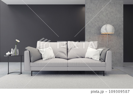 Modern luxury living room interior design, gray sofa on black wall and concrete floor,3d rendering 109309587